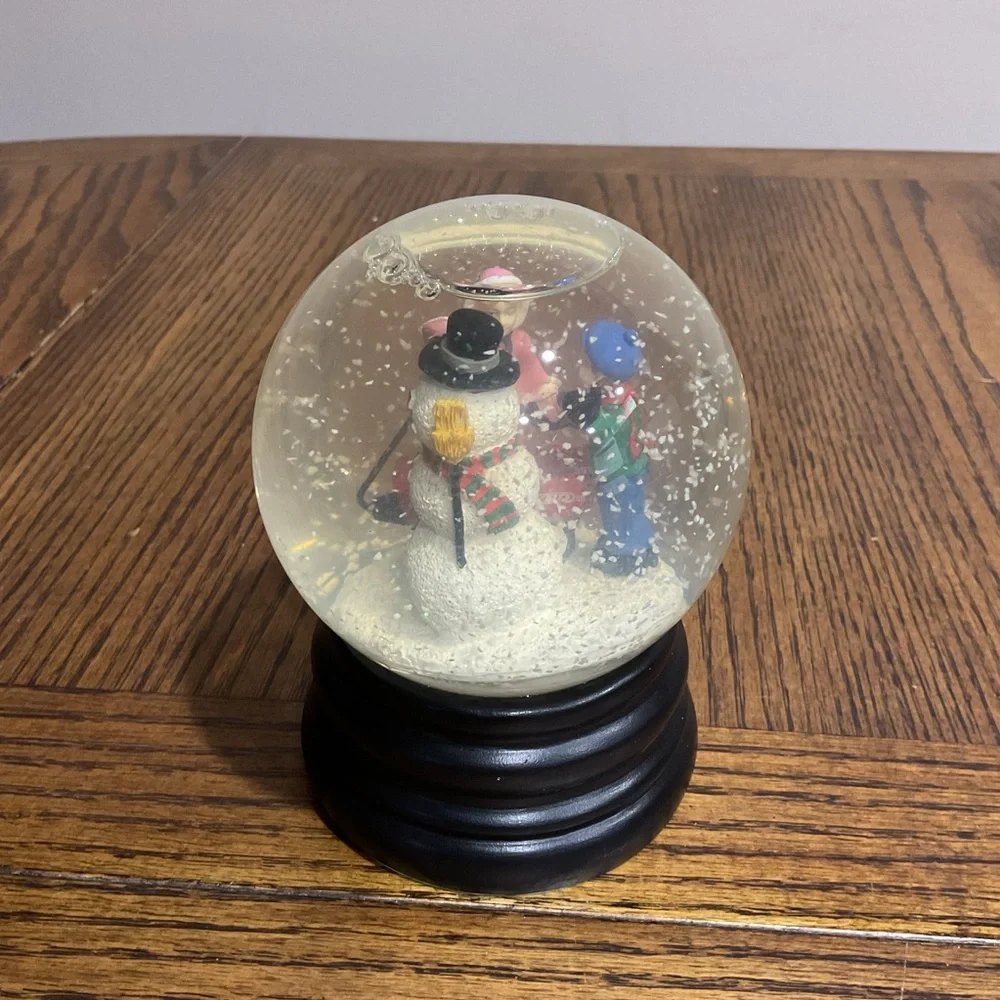 Festive Holiday Snow Globe with kids, wagon & snowman Black Base